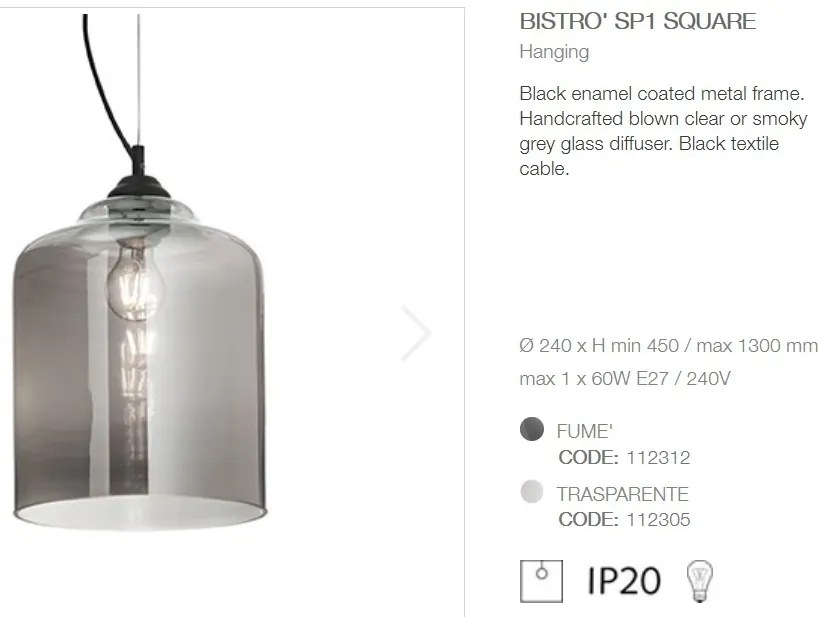 Lustra diametru 24cm, din sticla suflata manual, BISTRO SP1 SQUARE fumurie 112312