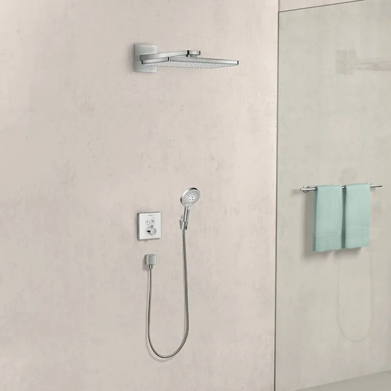 Baterie cu termostatat Hansgrohe, ShowerSelect Glass, cu 2 functii, finisaj sticla, alb crom