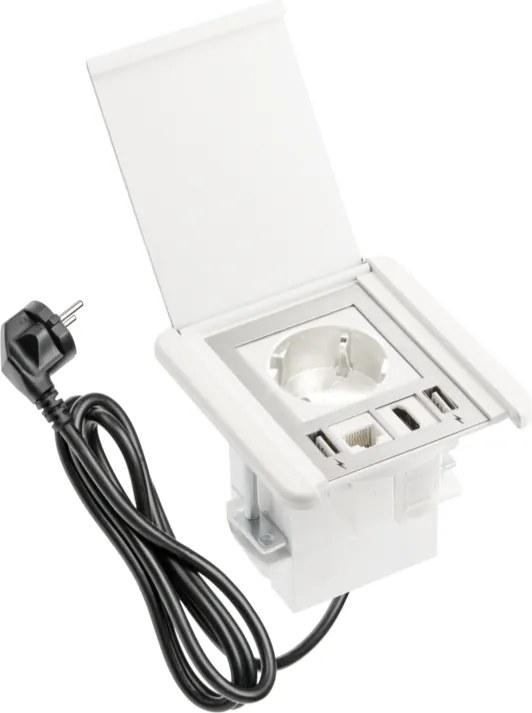 Priză încorporabilă în blat Flip GTV, 1 priză Schuko, 2 x USB A, HDMI, RJ45, alb, 92 x 98 mm L:92 mm; l:98 mm, Aluminiu/Plastic, Alb