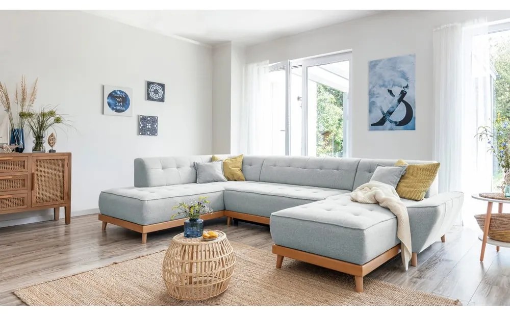 Canapea extensibilă în formă de "U" cu șezlong pe partea stângă Miuform Dazzling Daisy, gri deschis