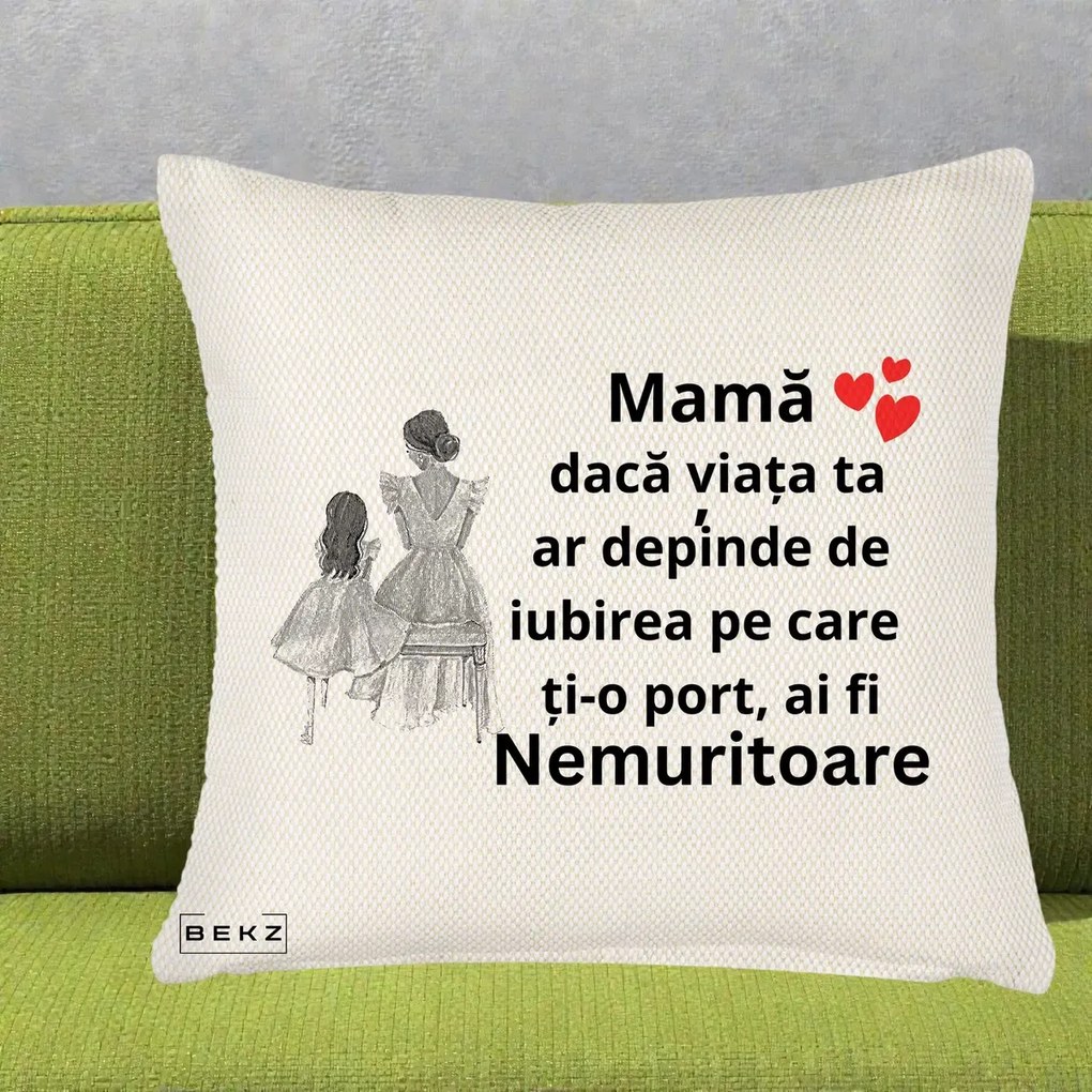 Cadou pentru Mama - Perna Personalizata Mama Nemuritoare Line Art, 40x40 cm, Crem Reliefat, Husa Detasabila, Perna Inclusa, BEKZ®