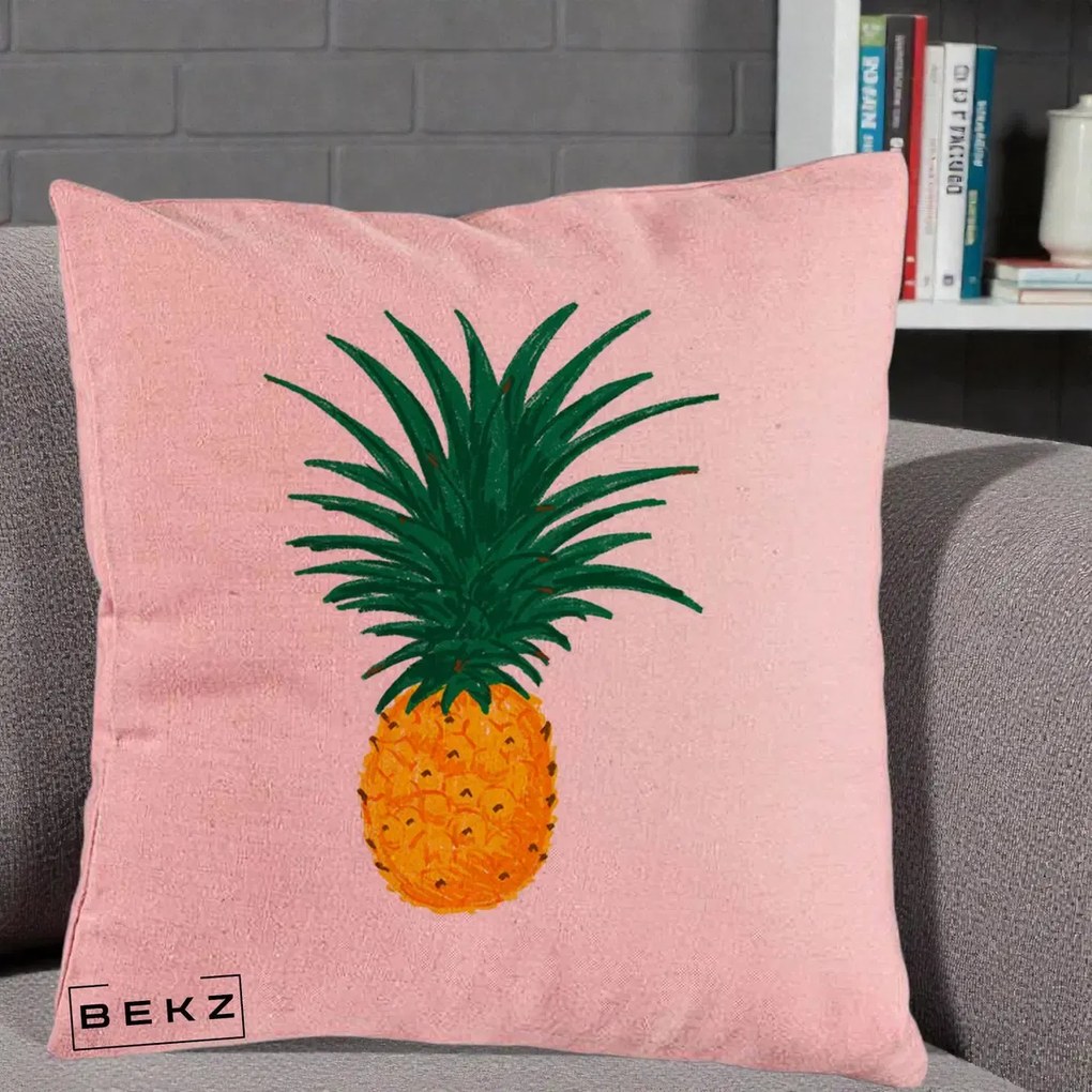 Perna Decorativa Ananas Tropical, 40x40 cm, Roz, Husa Detasabila, Perna Inclusa, BEKZ®
