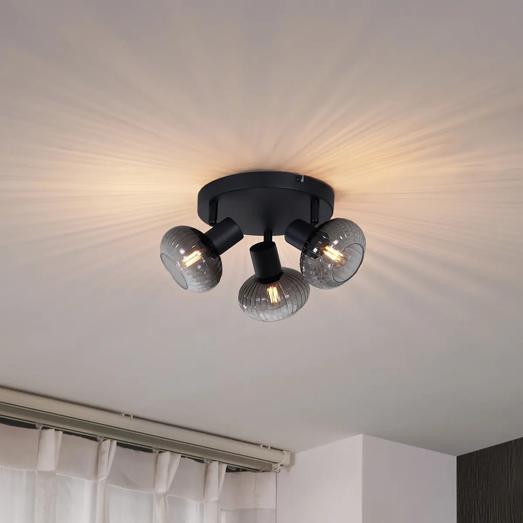 Spot plafonier rotund negru modern cu 3 lumini și sticlă fumurie - Teddy