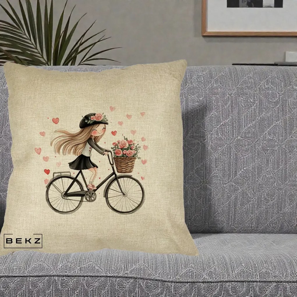 Perna Decorativa Fetita Kawaii pe Bicicleta cu Trandafiri si Inimioare, 40x40 cm, Crem, Husa Detasabila, Perna Inclusa, BEKZ®