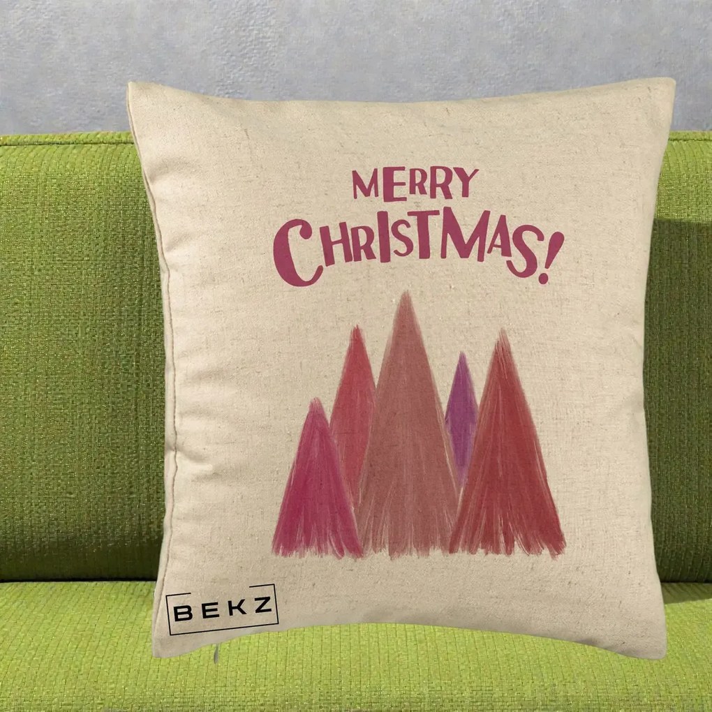 Perna Decorativa Merry Christmas Brazi Roz, 40x40 cm, Bej, Husa Detasabila, Perna Inclusa, BEKZ®