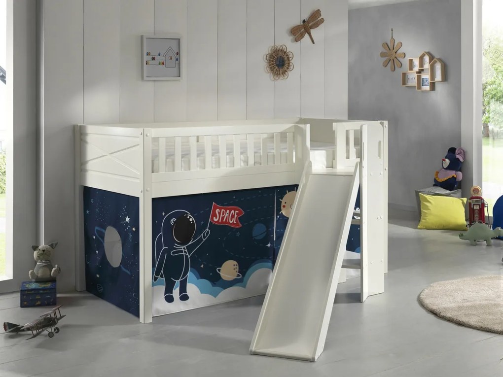 Pat pentru copii SCOTT, alb, 90 x 200 cm, din pin scandinav și MDF, cu scară frontală, glisieră și perdea de joacă SPACE SHUTTLE – Vipack