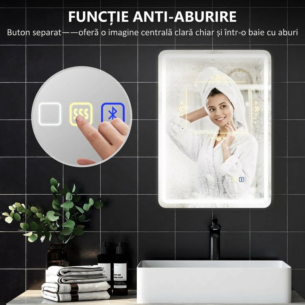 HOMCOM Oglindă de Baie Bluetooth LED 50 x 70 cm cu Anticeață - Argintiu | Aosom Romania
