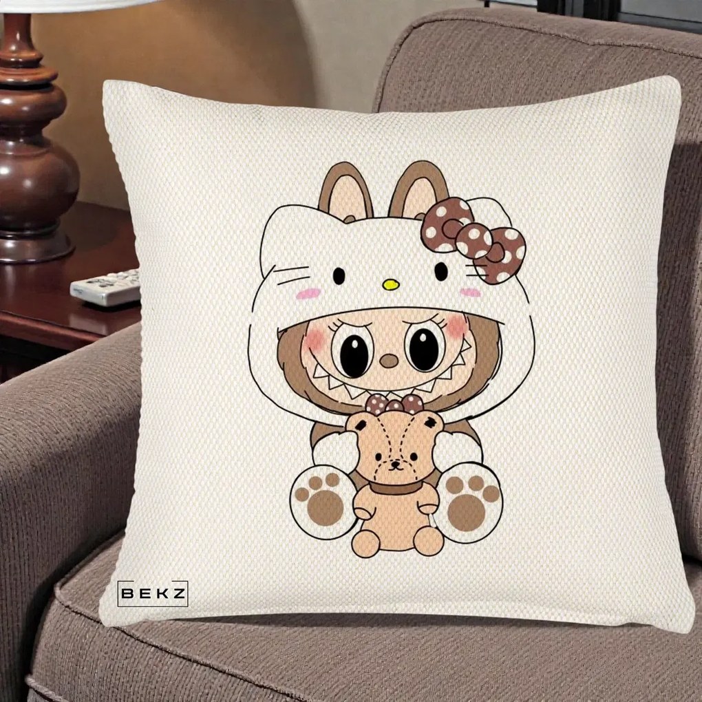 Perna personalizata Labubu x Hello Kitty Maro-Vintage, 45x45 cm cu Umplutura, Crem Reliefat, BEKZ