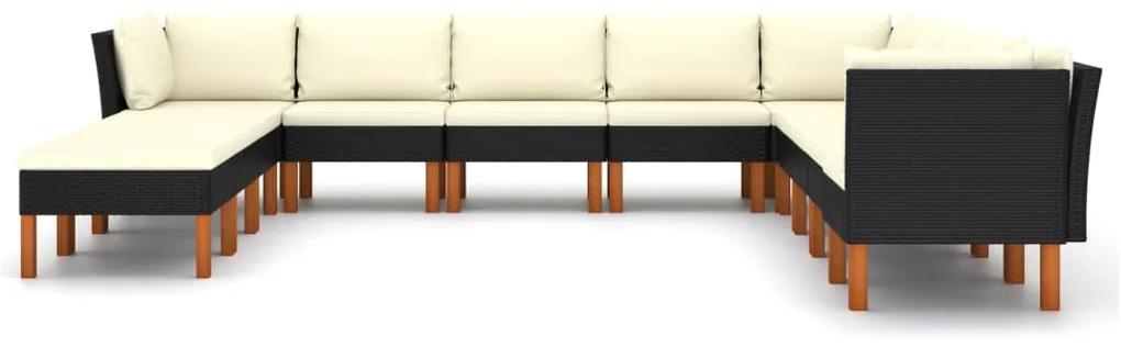 Set mobilier de gradina cu perne, 12 piese, negru, poliratan Negru, 3x colt + 6x mijloc + 3x suport pentru picioare, 12