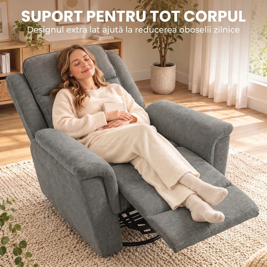 HOMCOM Fotoliu Reclinabil Manual 155° cu Suport pentru Picioare, Rotativ 360°, pentru Living, Gri Deschis | Aosom Romania