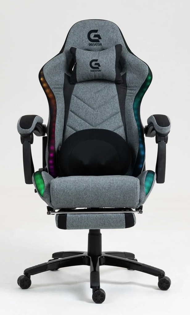 Scaun gaming, Masaj cu Role in perna lombara, Sistem iluminare banda LED RGB, Boxe Bluetooth, funcție șezlong, 90-155 grade, sezut benzi elastice sustinere, suport picioare, Textil, Gri/Negru