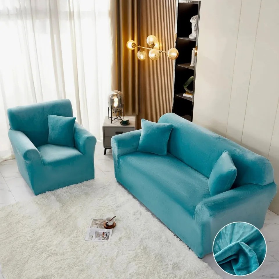 Set huse elastice din catifea pentru canapea 3 locuri + 2 fotolii, cu brate, turquoise, HCCJS-05