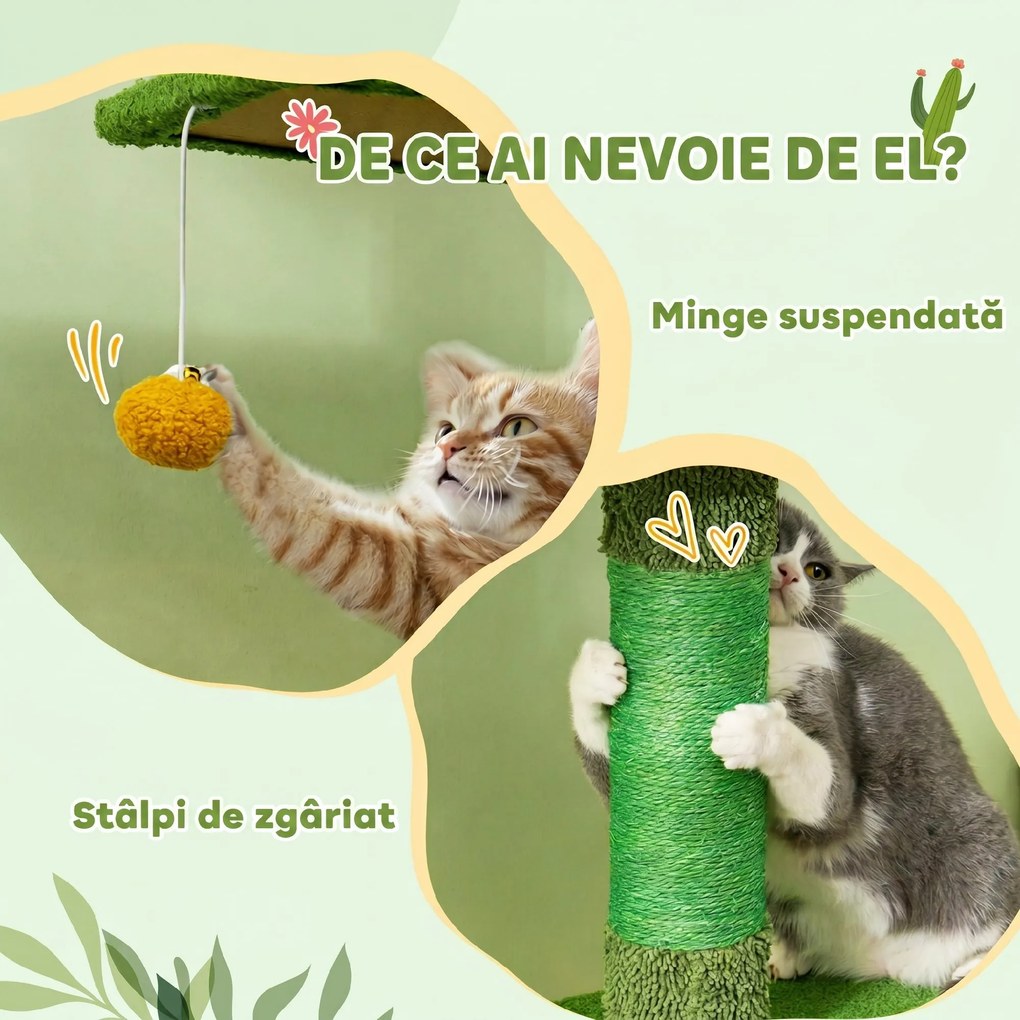 PawHut Ansamblu de Zgâriat pentru Pisici cu Fixare în Tavan, 230-275 cm, Hamac, Căsuță, Stâlpi din Sisal, Verde | Aosom Romania