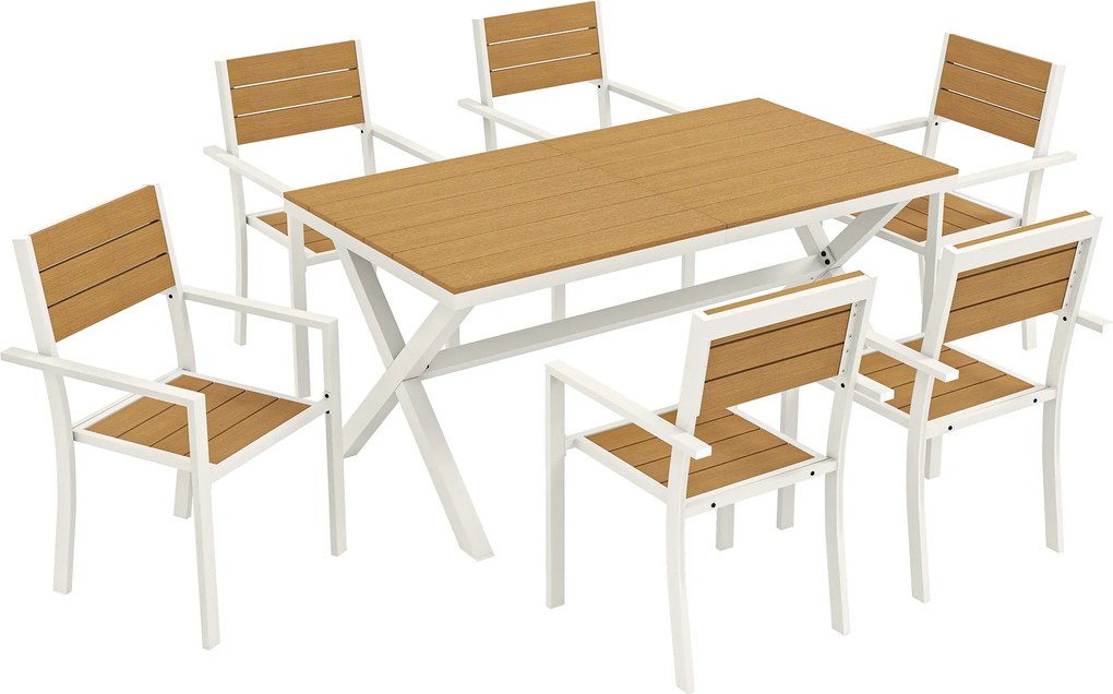 Outsunny Set Masă și Scaune de Grădină 7 Piese, Set Prânz Exterior din Aluminiu cu 6 Scaune Stivuibile, Masă cu Șipci Imitatie Lemn, pentru Terasă, Balcon, Patio, Teak | Aosom Romania