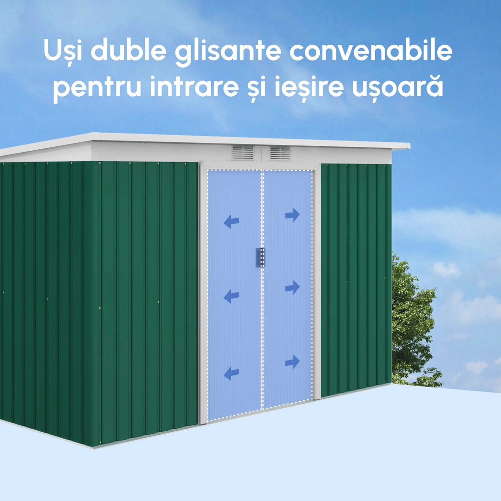 Outsunny Magazie de Grădină pentru Unelte, cu Uși Glisante și Ventilație, 277x130x173 cm, Verde | Aosom Romania