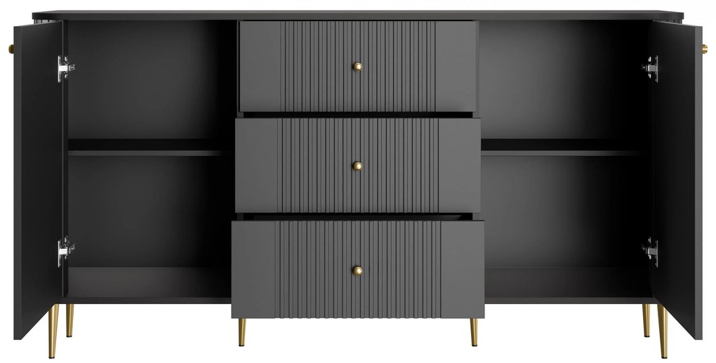Comodă cu sertare Vesper 160 cm pe picioare - negru / picioare aurii