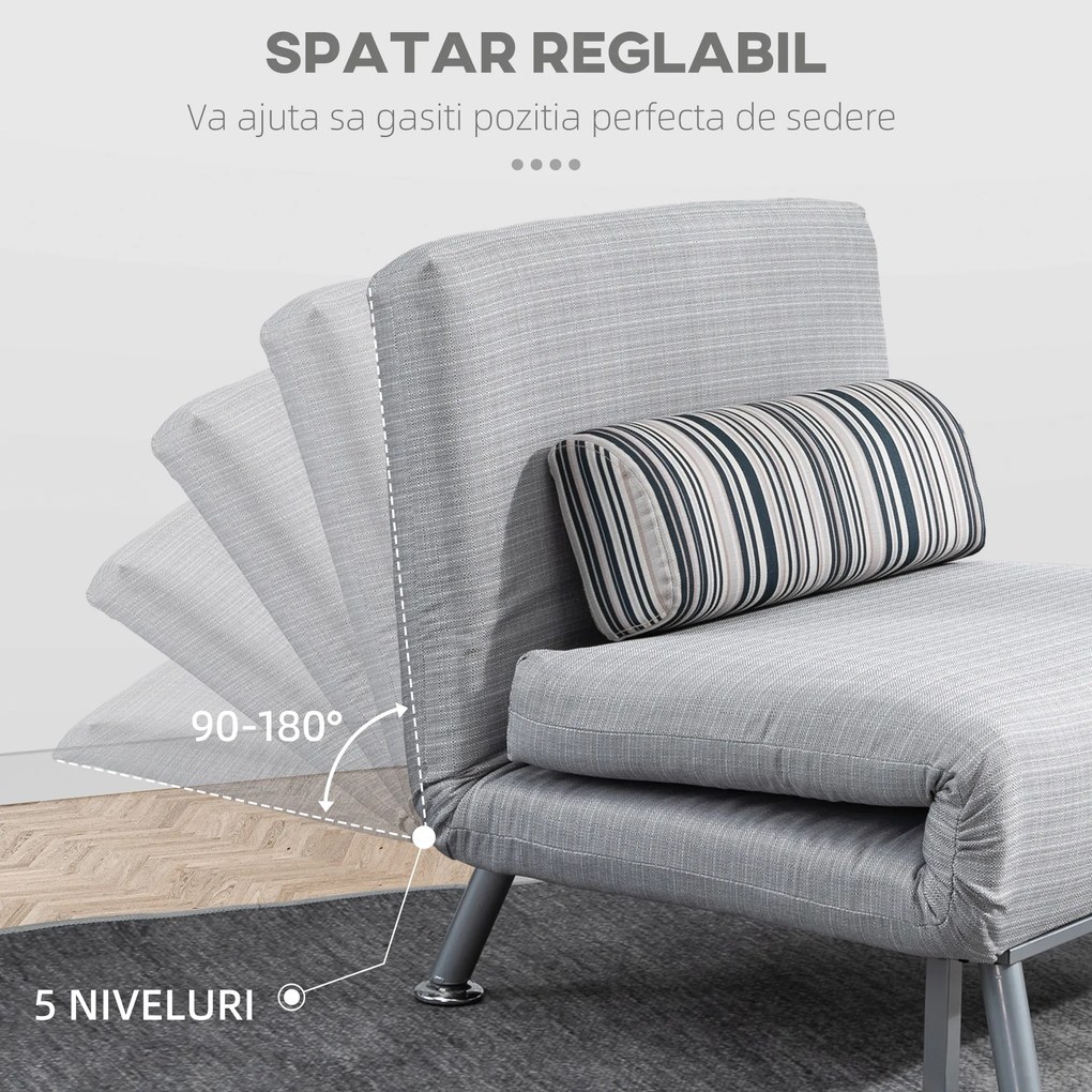 Fotoliu pat extensibil HOMCOM din Fier și Bumbac cu Pernă cu Dungi, Gri 75x70x75cm | Aosom Romania