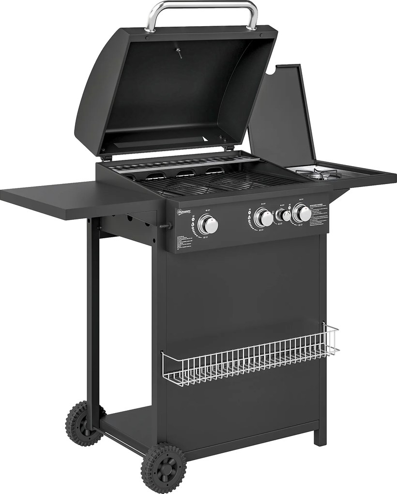 Outsunny Grătar pe Gaz cu Arzătoare Independente 3+1, Capac, Termometru și Măsuță Laterală, 123x57x98 cm, Negru | Aosom Romania