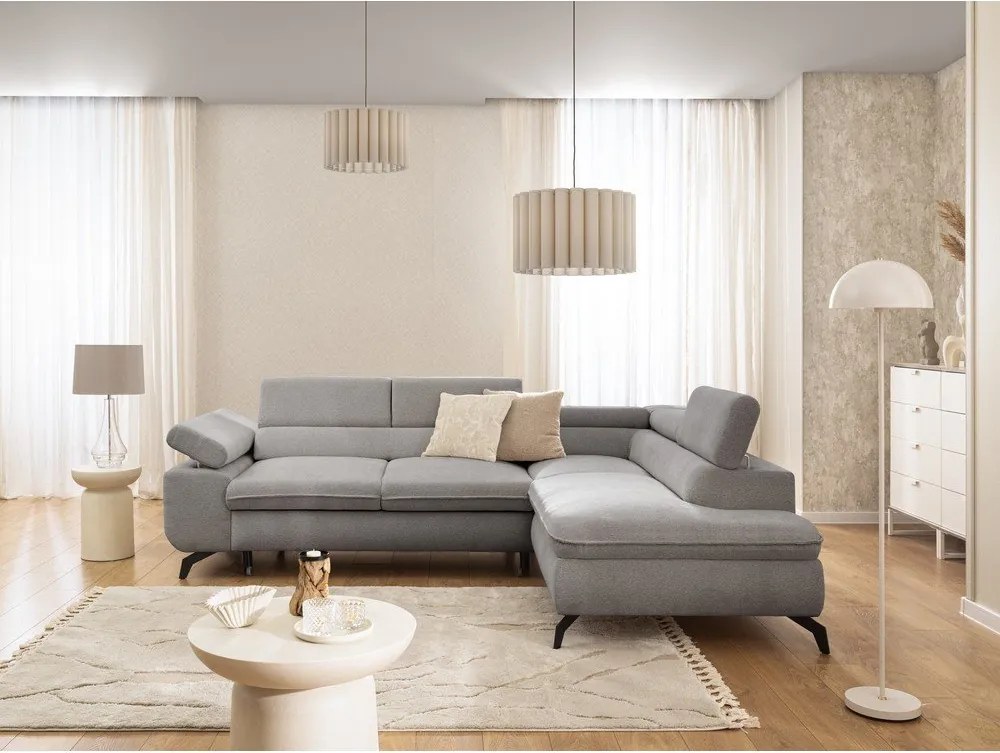 Colțar gri deschis cu tapițerie din chenille (cu colț pe partea dreaptă/în formă de ”L”) Marbeya – Ropez