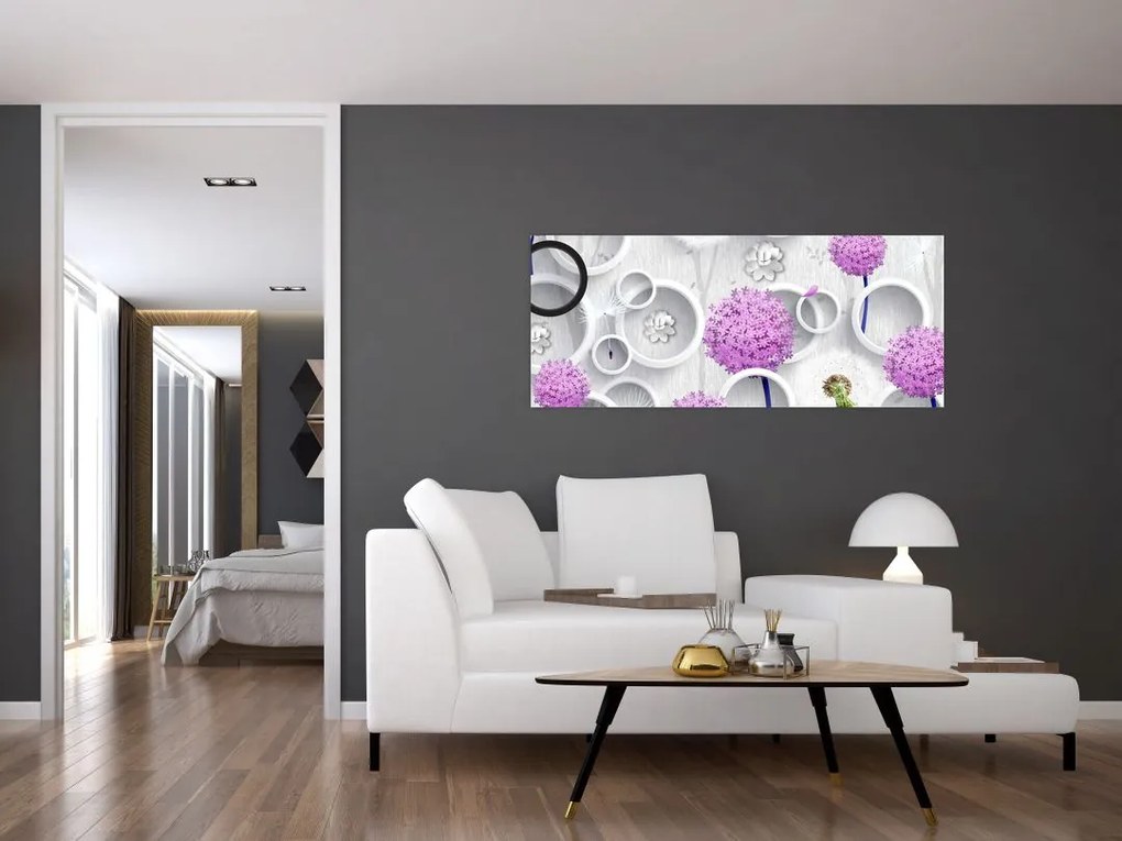 Tablou cu abstracție 3D cu cercuri și flori (120x50 cm)