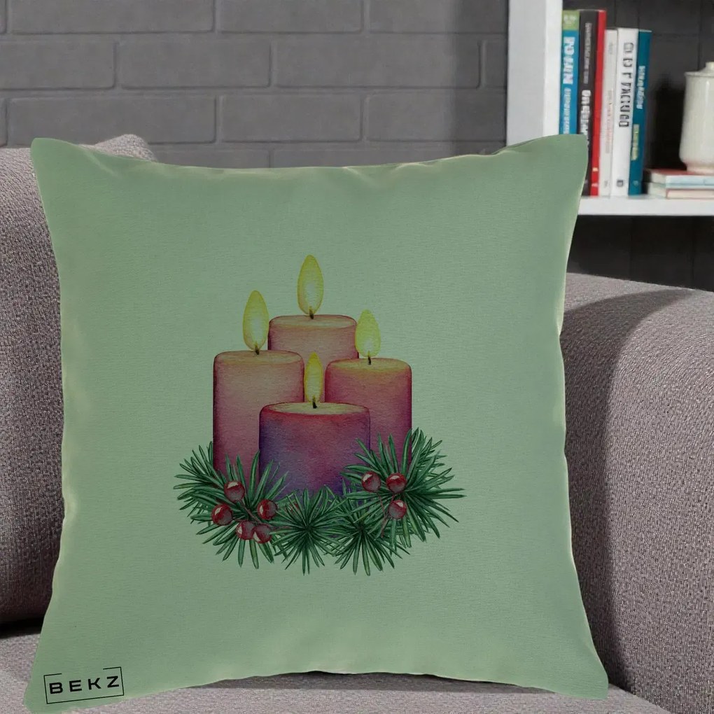 Perna Decorativa Lumanari Advent Roz-Violet, 40x40 cm, Verde, Husa Detasabila, Perna Inclusa, BEKZ®