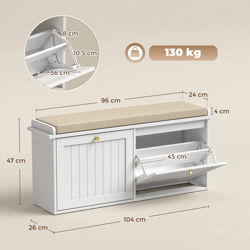 HOMCOM Bancă pantofar, mobilier pentru hol, pernuță tapițată, 2 sertare basculante, 8-10 perechi de pantofi | Aosom Romania