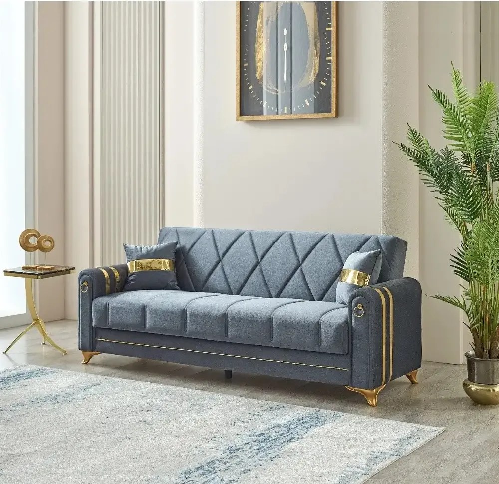 Canapea extensibila cu lada de depozitare 220x87x93 cm , detalii aurii –Camara