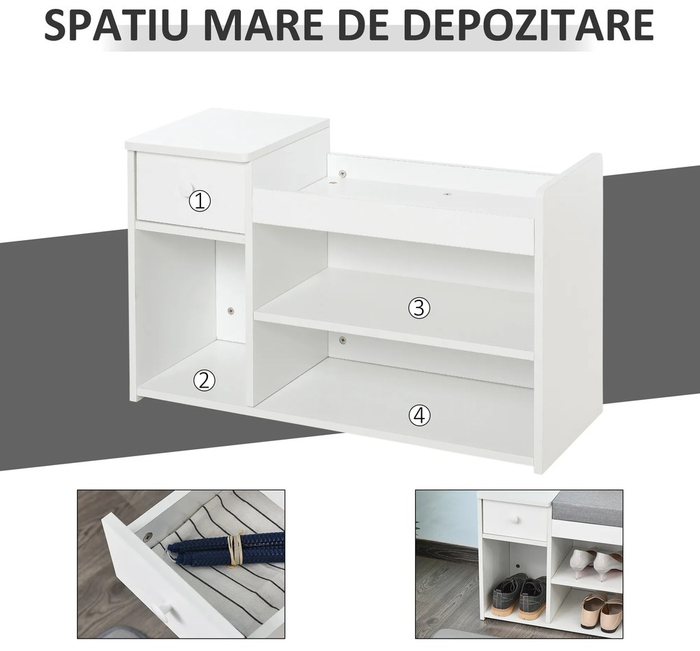 Banca pantofar cu perna, sertar si 3 compartimente deschise, mobilier din lemn pentru hol 81x31.5x49cm, alb | Aosom Romania