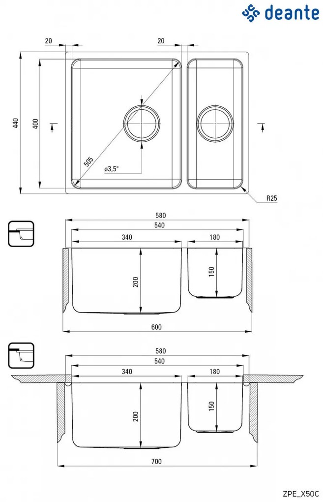 Chiuvetă din inox, 1,5-cuve, montare sub blat, Egeria, ZPE_050C