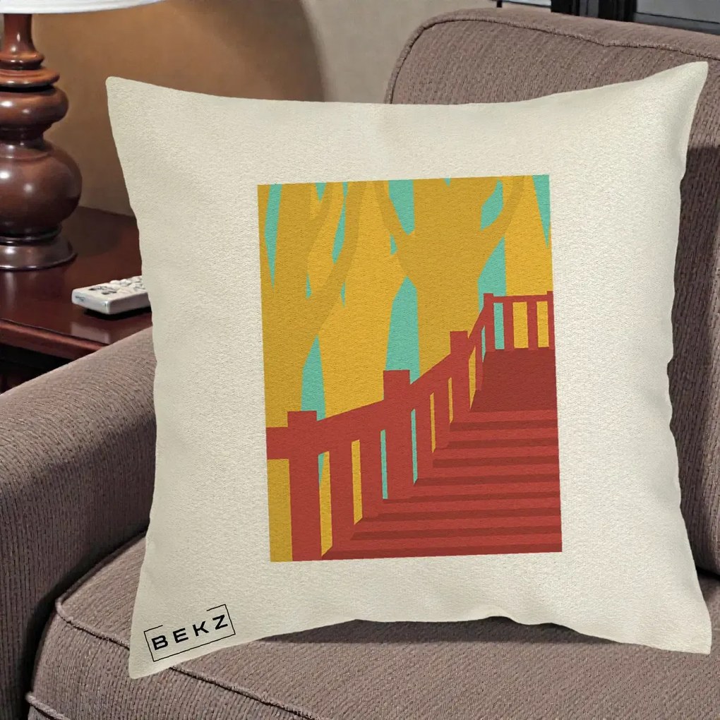Perna Decorativa Scari Toamna Peisaj Grafic, 40x40 cm, Ecru, Husa Detasabila, Perna Inclusa, BEKZ®