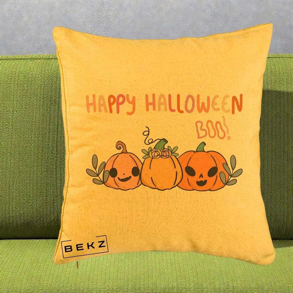 Perna Decorativa Happy Halloween Boo Trei Dovlecei Kawaii, 40x40 cm, Galben, Husa Detasabila, Perna Inclusa, BEKZ®