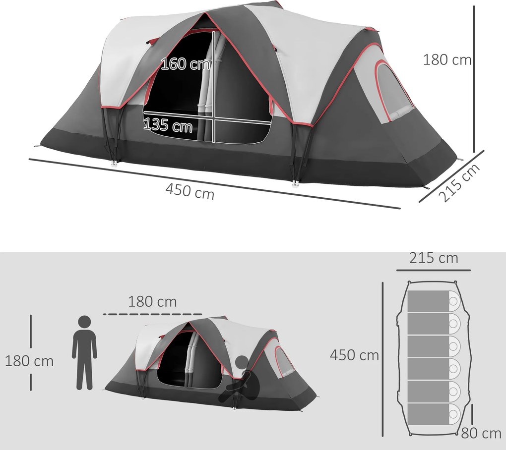 Outsunny Cort de Camping pentru 6-8 Persoane cu 2 Camere Separate și Uși cu Fermoar, 450x215x180 cm, Gri | Aosom Romania