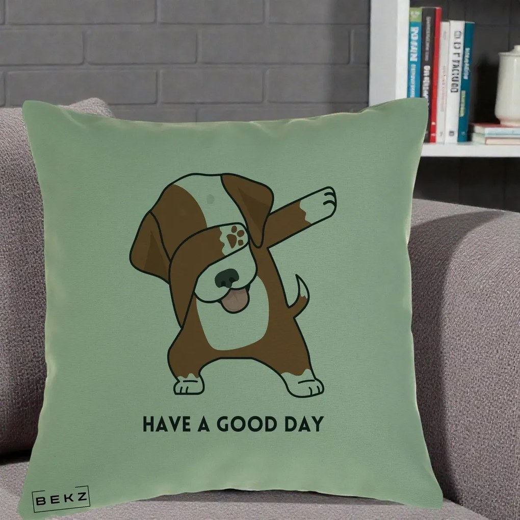 Perna Decorativa Caine Dab Have A Good Day, 40x40 cm, Verde, Husa Detasabila, Perna Inclusa, BEKZ®