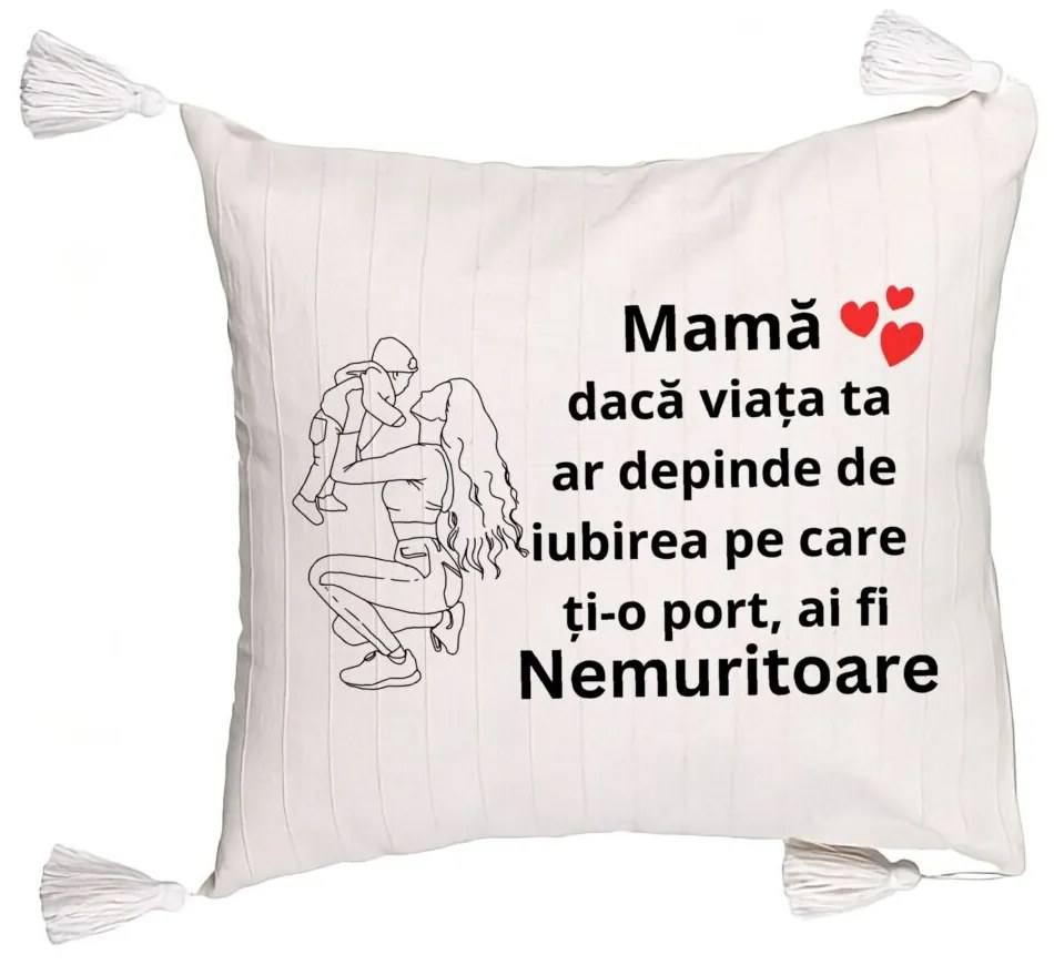 Perna Decorativa cu Franjuri, Model pentru Mama 10, 45x45 cm, Ecru, Cu fermoar