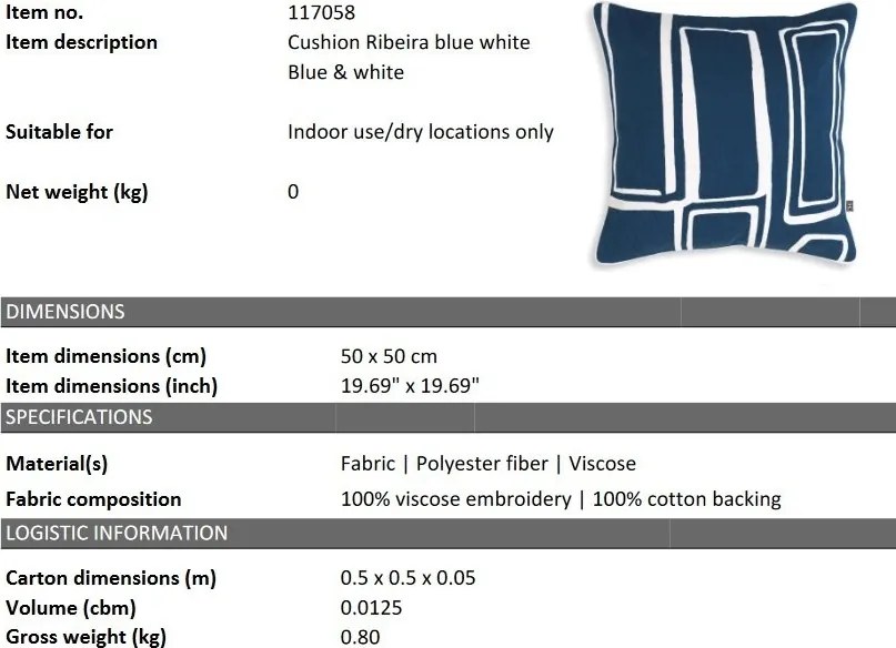Perna decorativa design LUX Ribeira 50x50cm, albastru/ alb