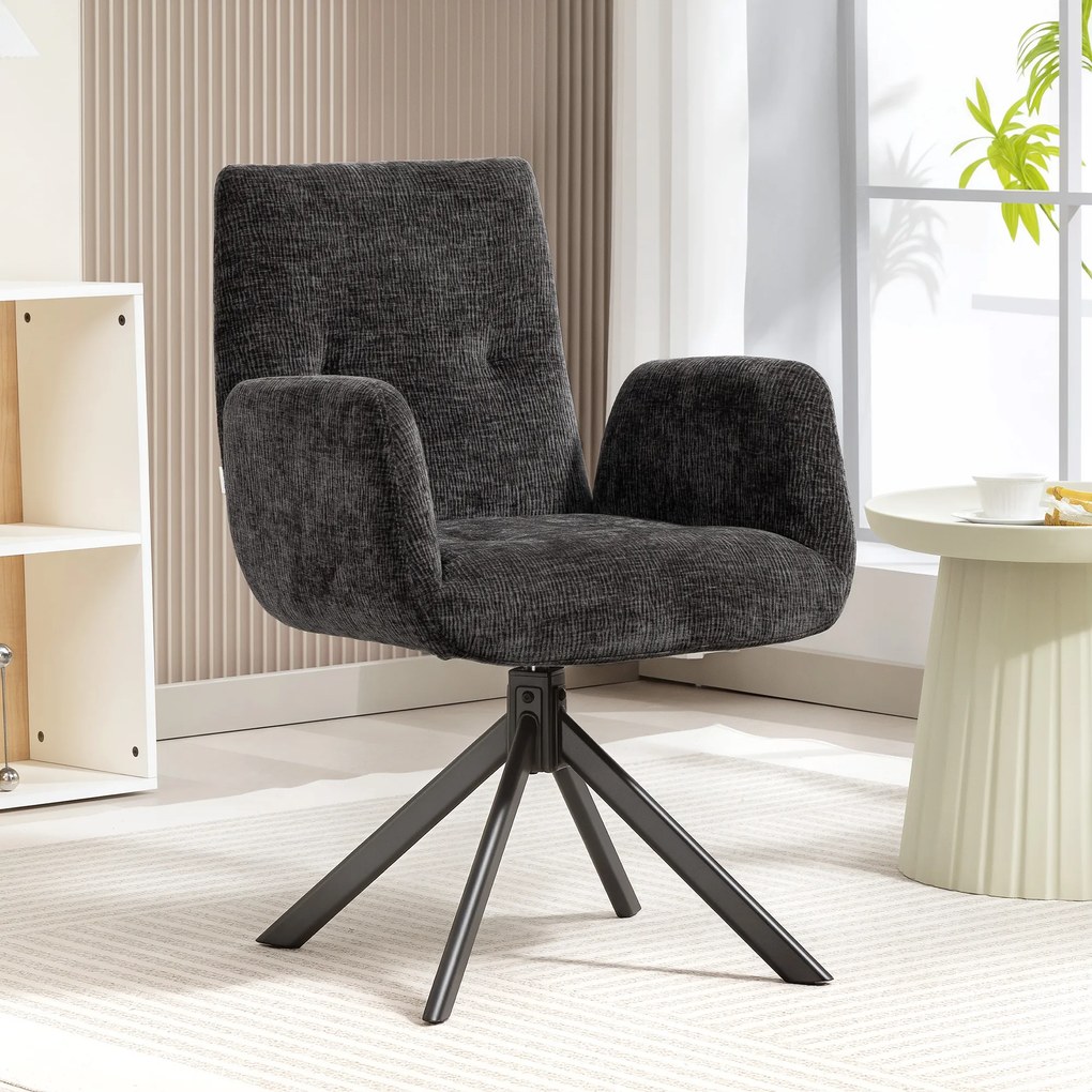 HOMCOM Fotoliu Rotativ pentru Dormitor, Material Textil cu Aspect de In și Picioare Înclinate din Oțel, Negru | Aosom Romania