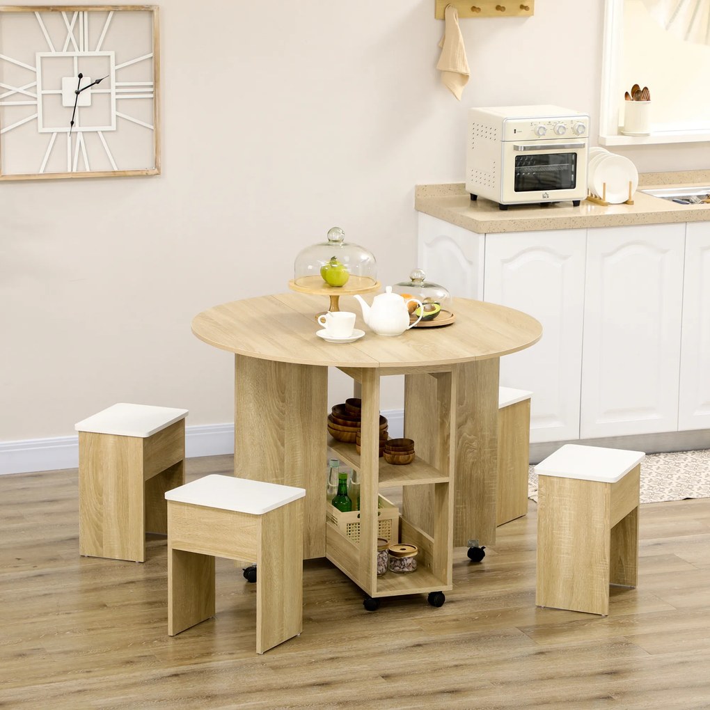 Set dining 4 persoane HOMCOM, masa de bucatarie cu extensie plianta, rotile, 4 scaune, culoare stejar | Aosom RO