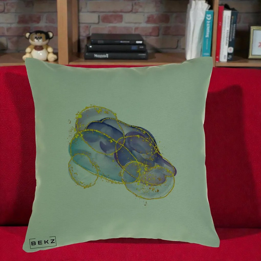 Perna Decorativa Abstract Acuarela Albastru-Mov cu Cercuri Aurii, 40x40 cm, Verde, Husa Detasabila, Perna Inclusa, BEKZ®