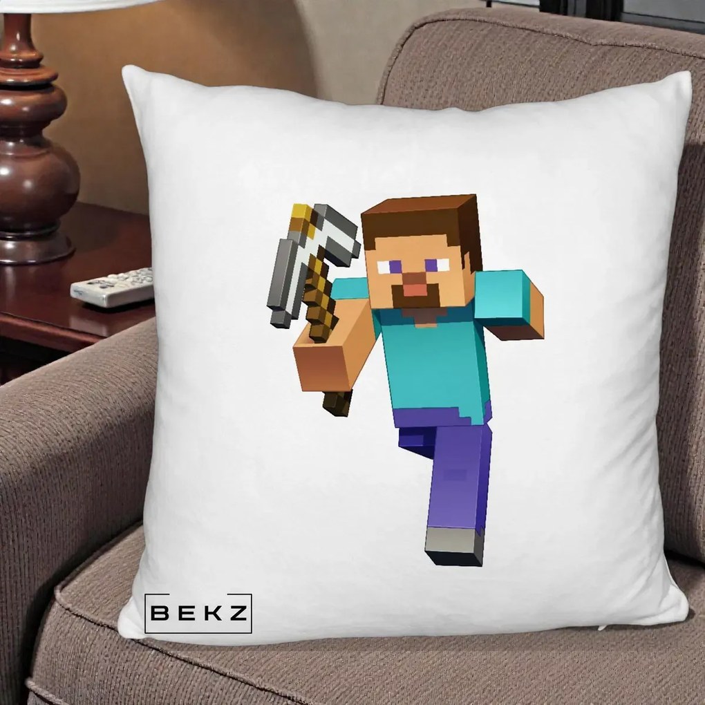 Perna Personalizata Minecraft Steve, 40x40 cm, Alb Pufos, Husa Detasabila, Perna Inclusa, BEKZ®