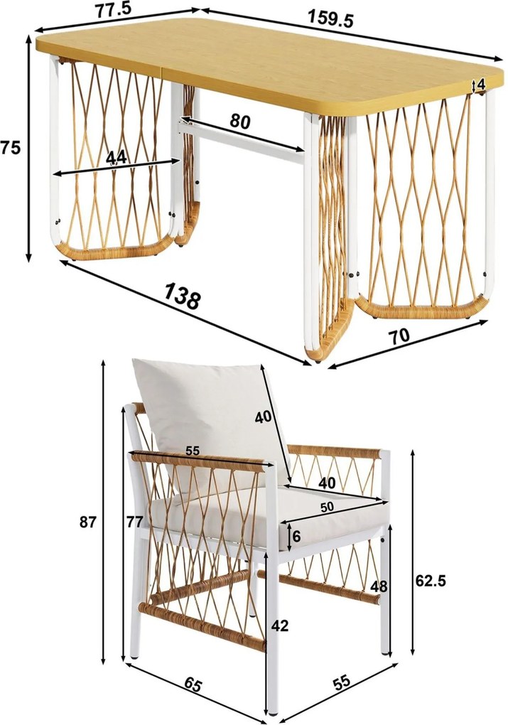 Set modern de mobilier de grădină, 7 piese, cadru alb din fier cu cotiere împletite, 1 masă+6 scaune, Bej+Culoare naturală