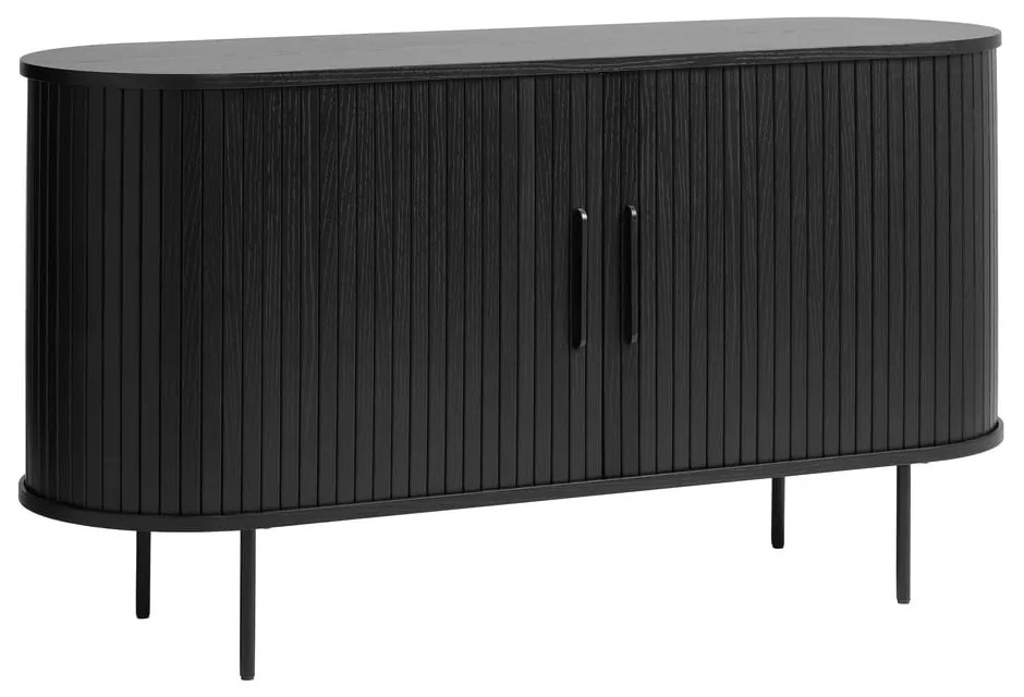 Comodă neagră joasă cu aspect de lemn de stejar cu ușă glisantă 140x76 cm Nola – Unique Furniture