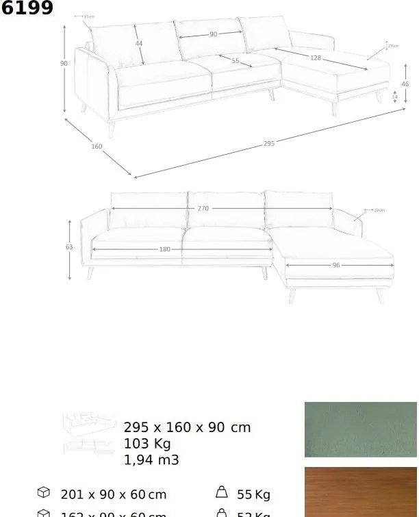 Coltar LUX design italian cu sezlong dreapta Cowhide verde