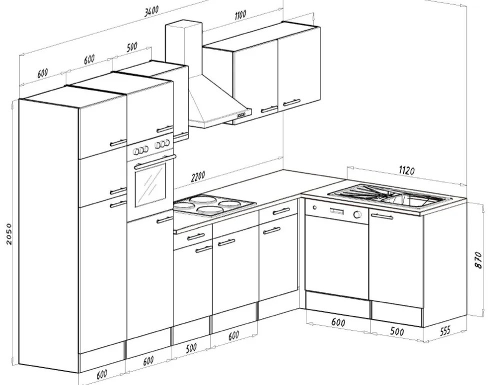 Mobilă de bucătărie de colț Yorki 340, corp alb, cu față alb satinat