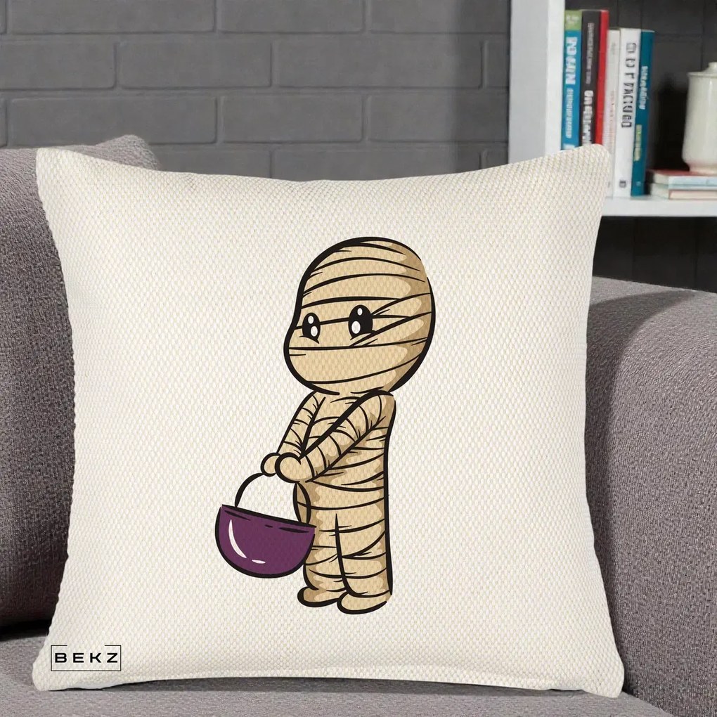 Perna Decorativa Halloween Mummy Kawaii cu Cos, 40x40 cm, Crem Reliefat, Husa Detasabila, Perna Inclusa, BEKZ®