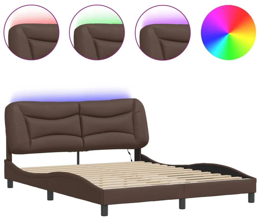 3213943 vidaXL Cadru de pat cu lumini LED, maro, 160x200 cm, piele ecologică