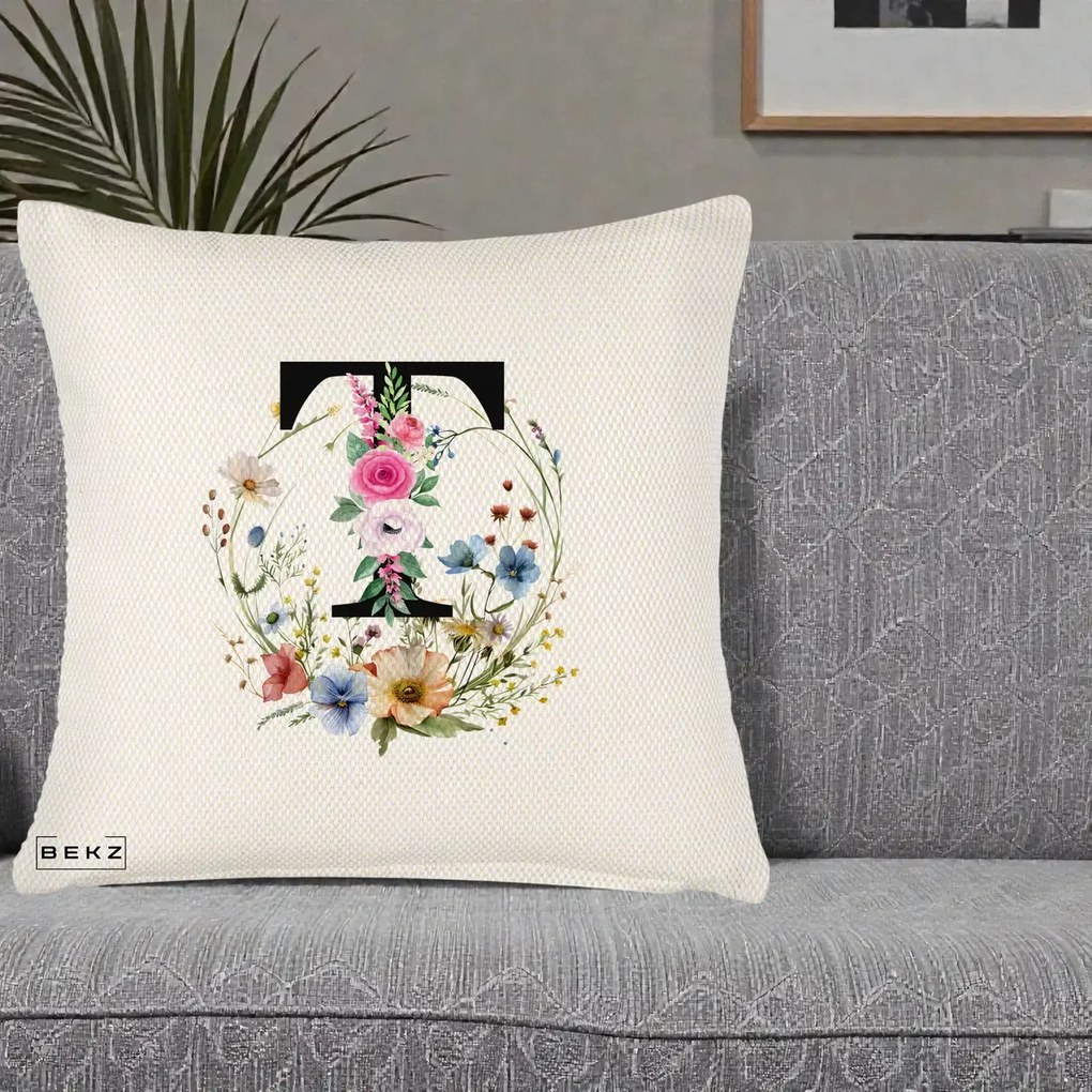 Cadou Personalizat - Perna Personalizata Monogram Litera T cu Flori Acuarela, 40x40 cm, Crem Reliefat, Husa Detasabila, Perna Inclusa, BEKZ®