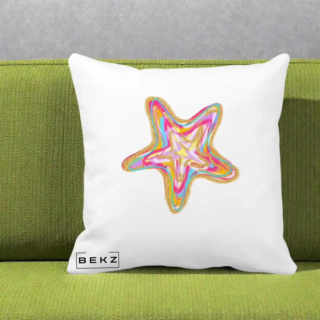 Perna Decorativa Stea de Mare Neon Curcubeu, 40x40 cm, Alba Mata, Husa Detasabila, Perna Inclusa, BEKZ®