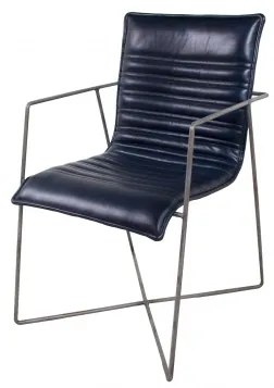 Scaun dining, albastru, din piele naturala si metal, Saint-Tropez