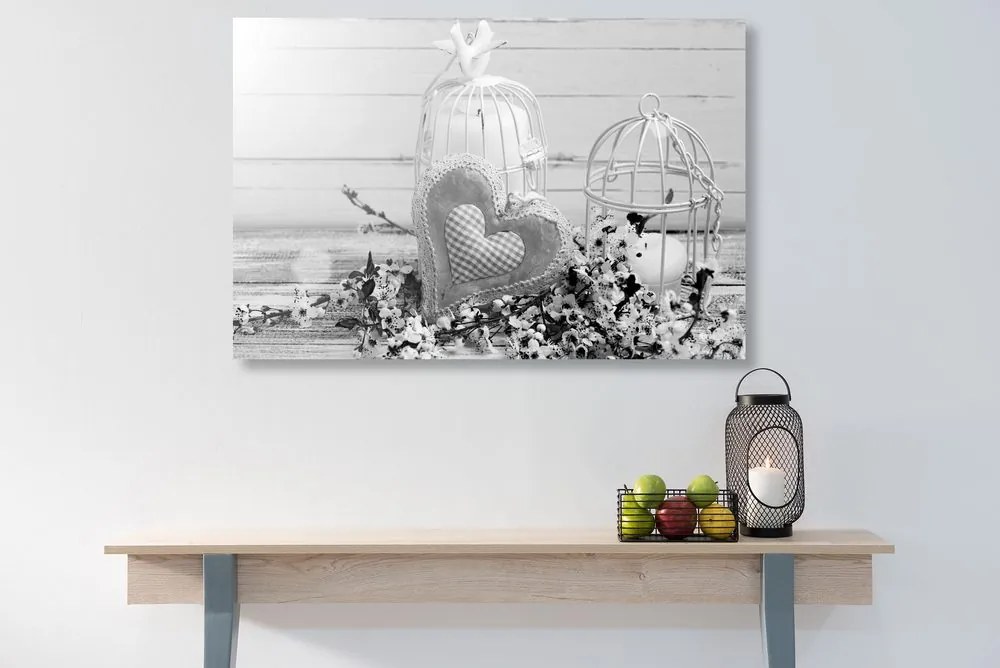 Tablou inimă vintage și felinare în design alb-negru