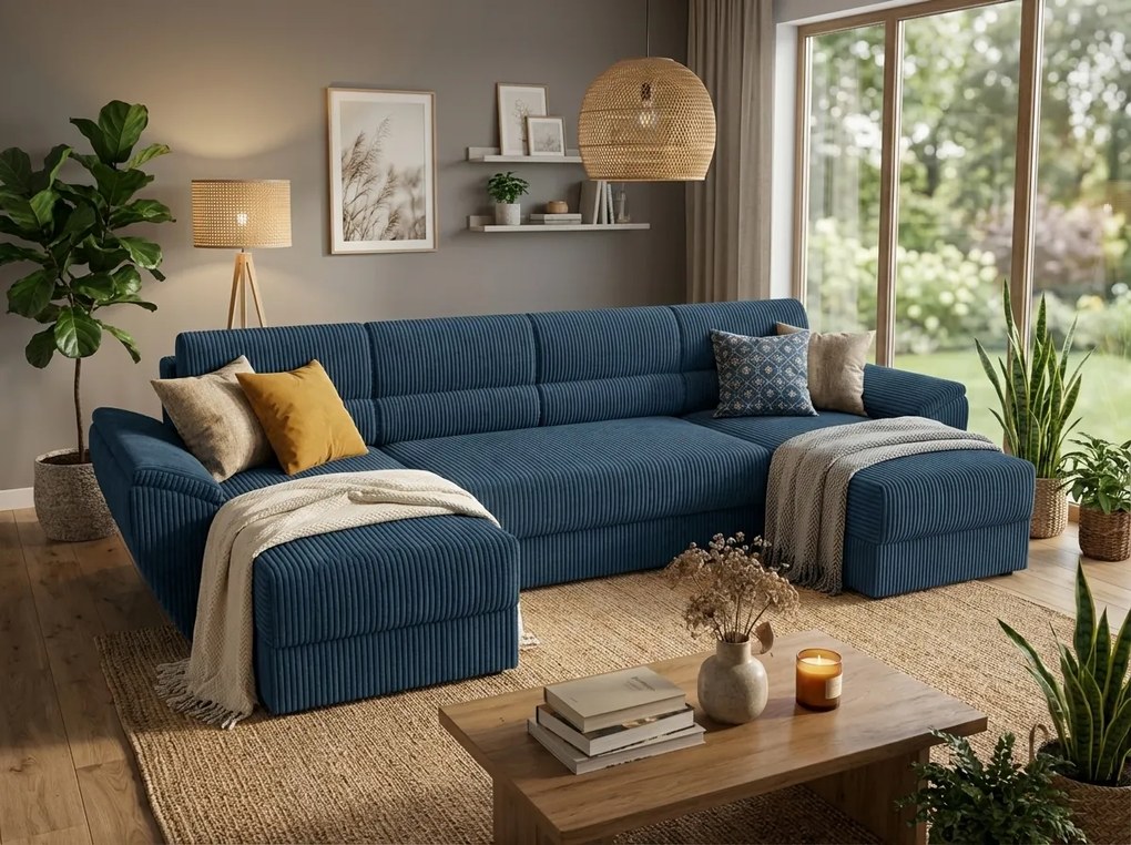 Coltar extensibil in forma de U TAVERO, albastru inchis, 321x140 cm